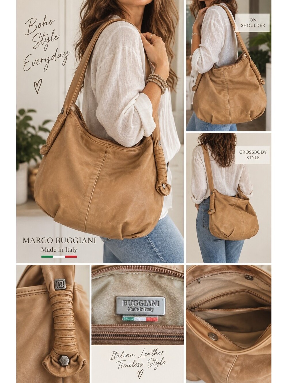 Marco Buggiani Italian Leather Hobo Bag – Made in Italy – Tan/Camel